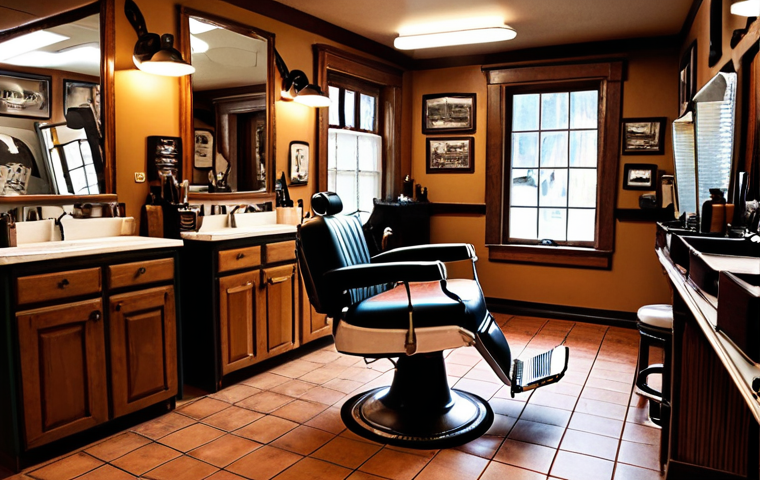 **Image Prompt 1: "Barber Shop Atmosphere"**
   Create an image of a cozy and welcoming barber shop interior, featuring classic barber tools like straight razors and scissors on display. The shop should have a warm ambiance with customers chatting and laughing, showcasing a sense of community. Include a barber skillfully cutting hair, emphasizing the blend of traditional and modern styles.